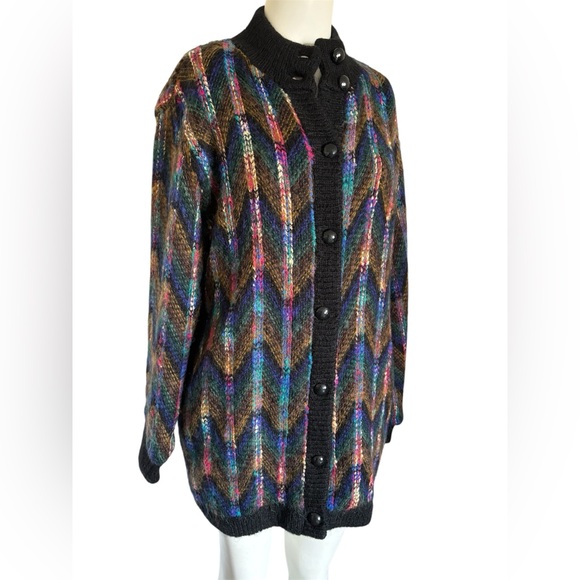 Vintage 80’s 90’s Mohair Blend Chevron Zig Zag Knit Sweater Coat Sz M Yarnworks - Picture 4 of 8